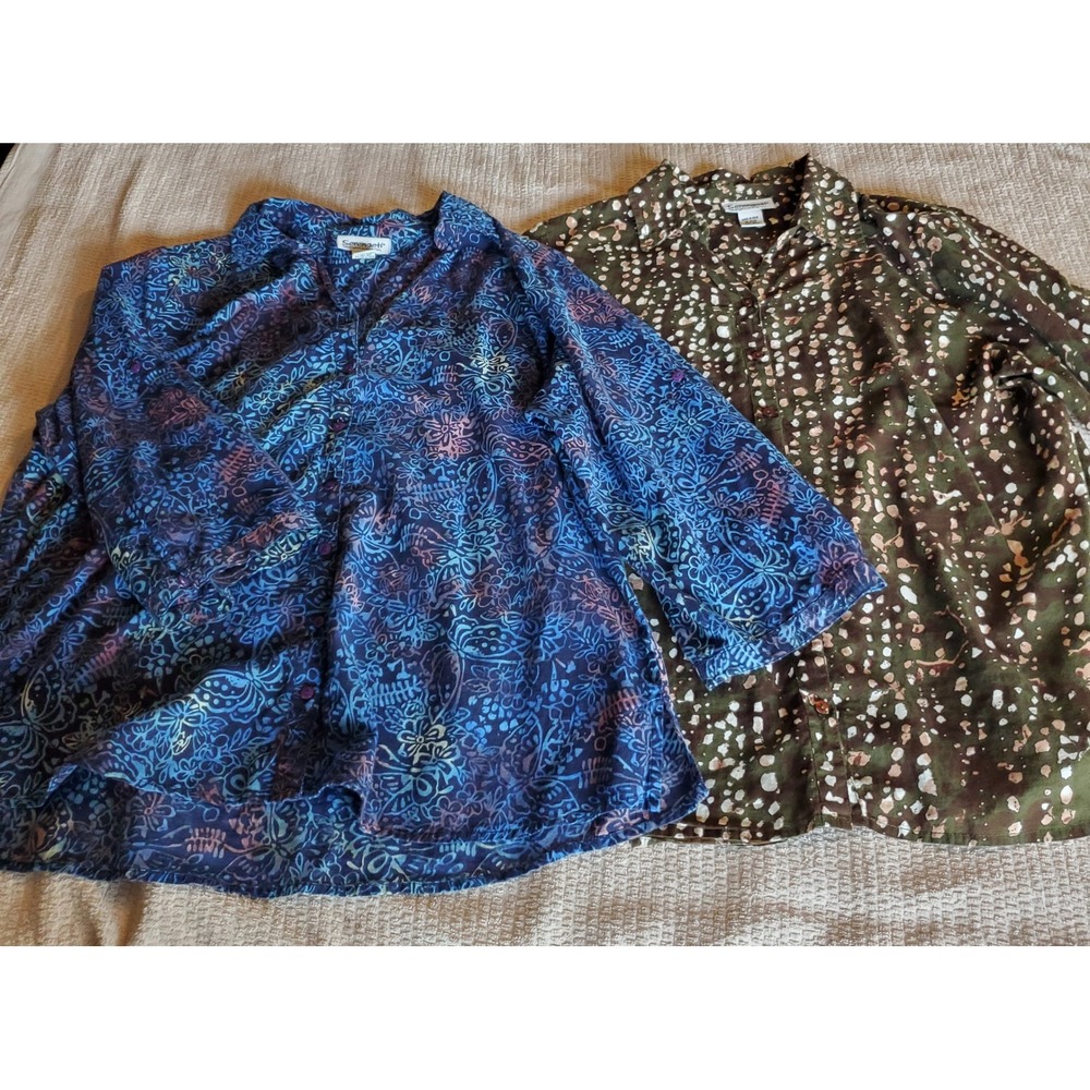 Serengeti Womens XL Cotton Button Down Shirt Bundle Blue Batik Olive Green 2pk